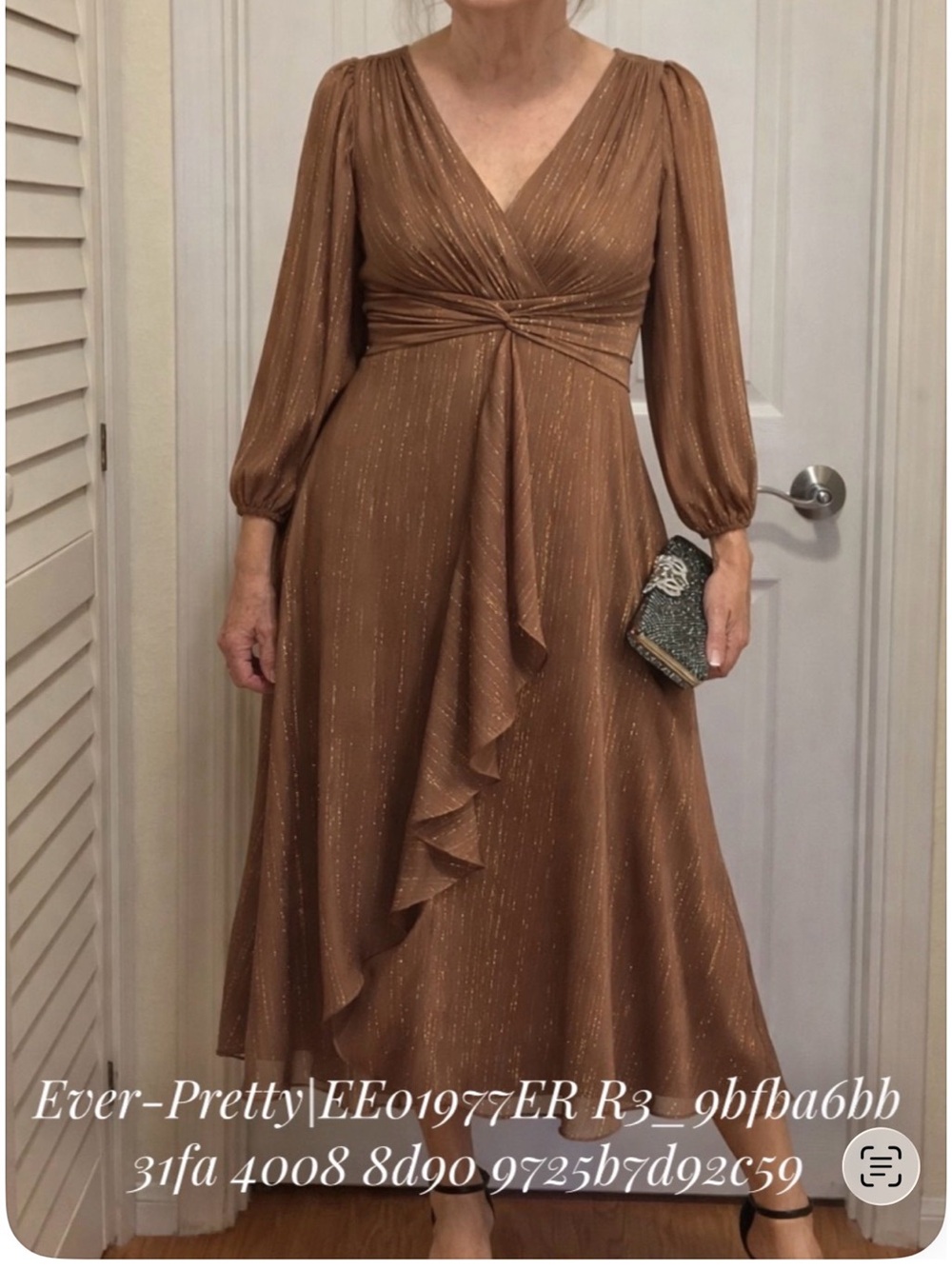 Ever Pretty Copper-Brown Metallic V-Neck Long Sleeve Midi Dress
